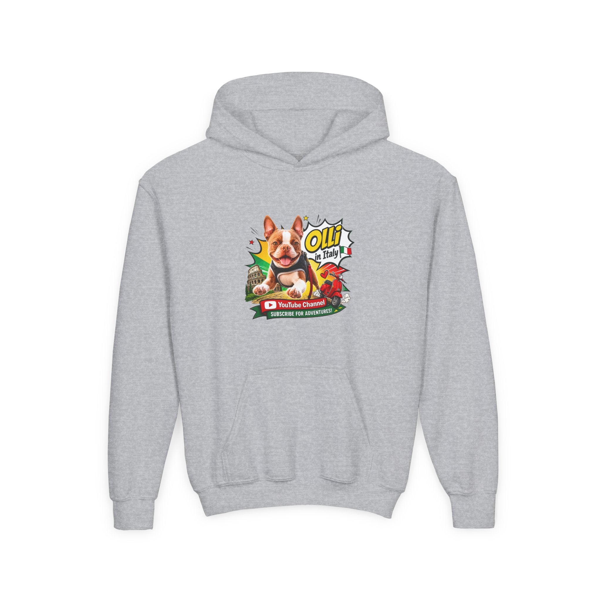 Olli the Boston Terrier in Italy Hoodie — "My Nose Says This Way" Youth Pullover