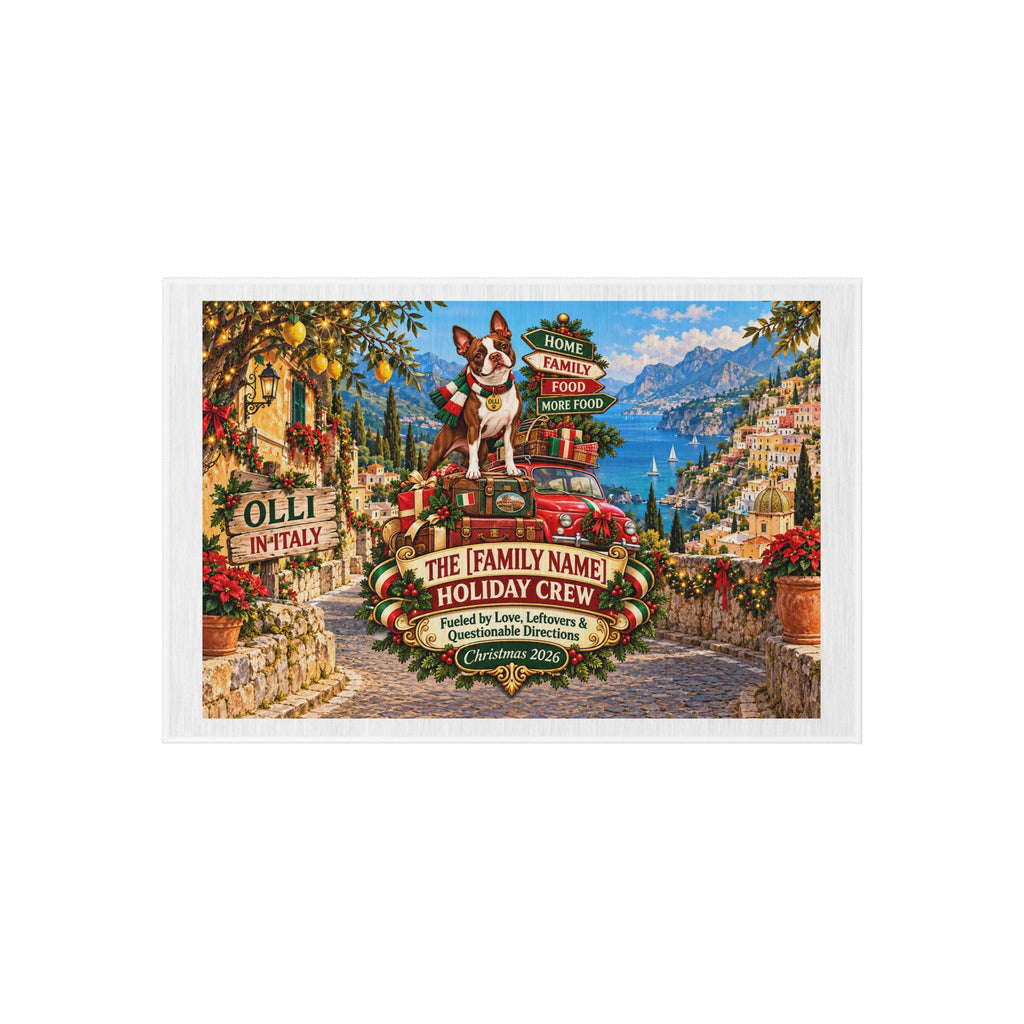 Personalized Holiday Outdoor Rug — Boston Terrier Coastal Italian Christmas Welcome Mat (Custom Family Name)