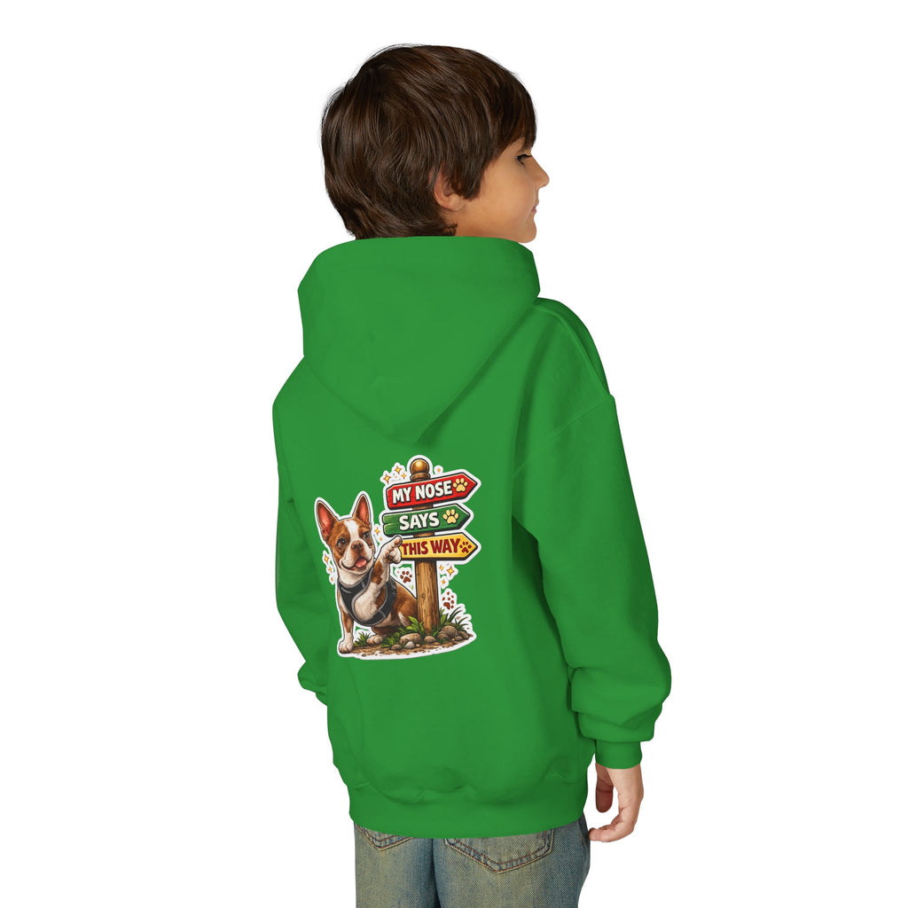 Olli the Boston Terrier in Italy Hoodie — "My Nose Says This Way" Youth Pullover