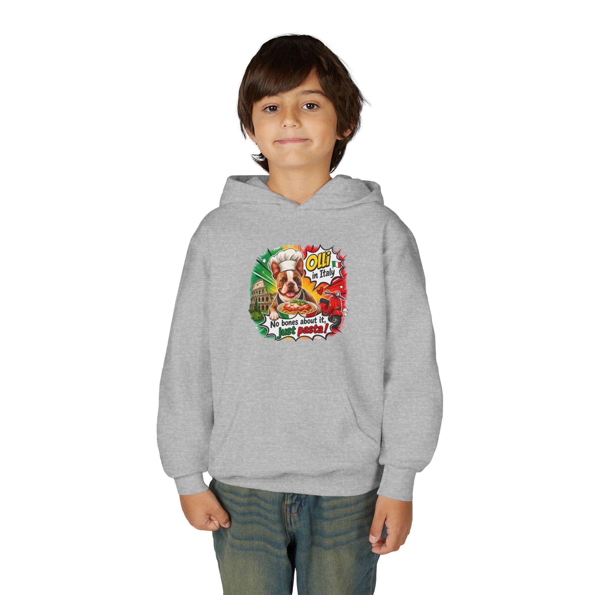Youth Hoodie — "Olli in Italy" Boston Terrier Sweatshirt