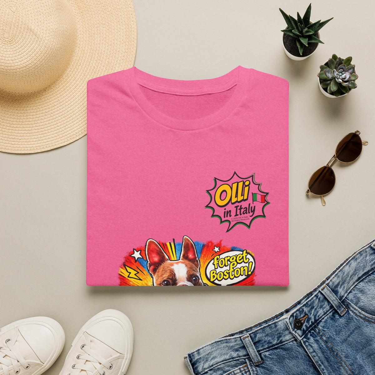 Olli in Italy "Forget Boston" Graphic T-Shirt — Colorful Dog Pop Art Tee