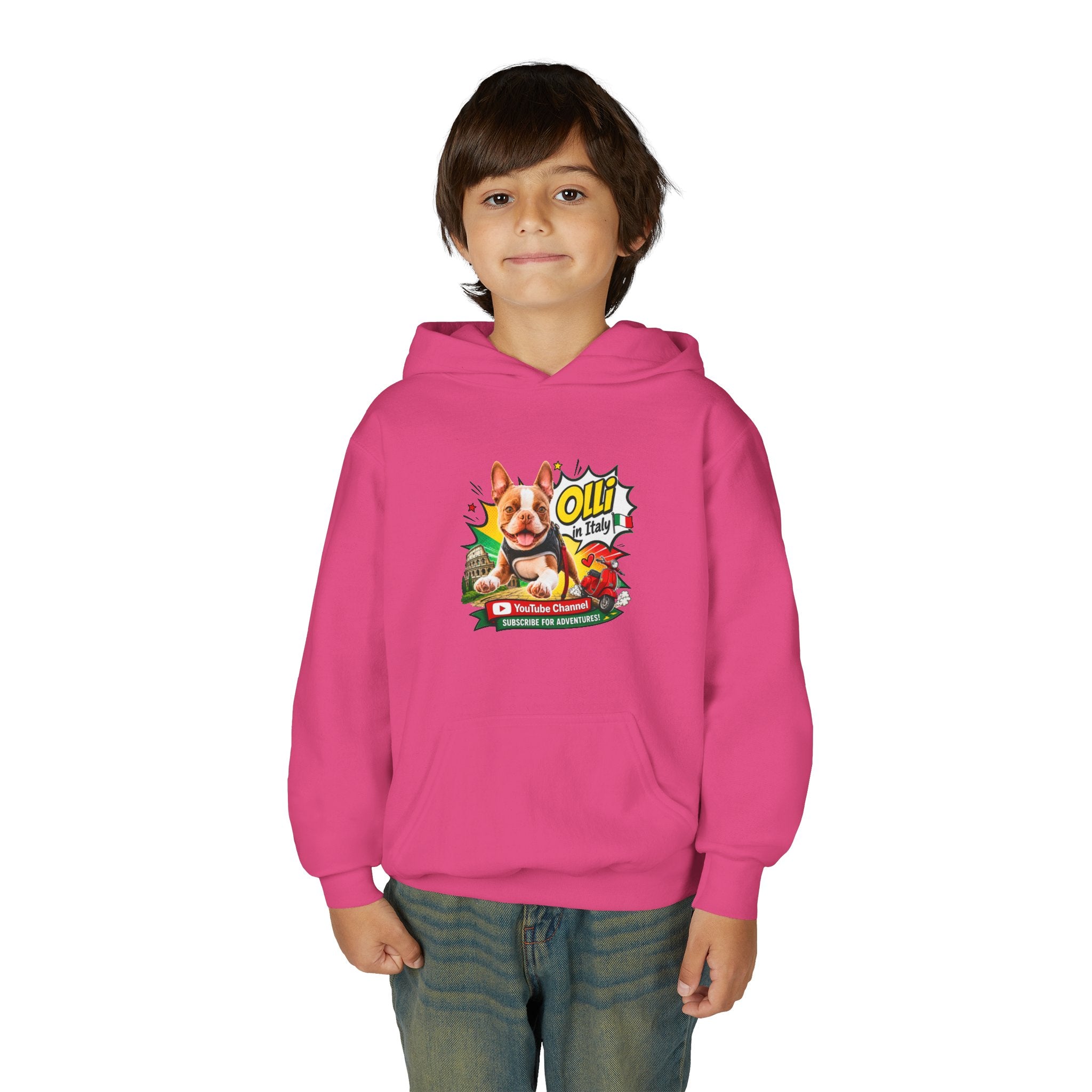 Olli the Boston Terrier in Italy Hoodie — "My Nose Says This Way" Youth Pullover
