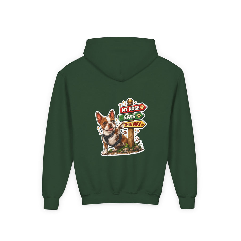 Olli the Boston Terrier in Italy Hoodie — "My Nose Says This Way" Youth Pullover