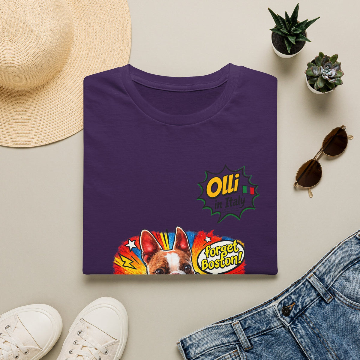 Olli in Italy "Forget Boston" Graphic T-Shirt — Colorful Dog Pop Art Tee