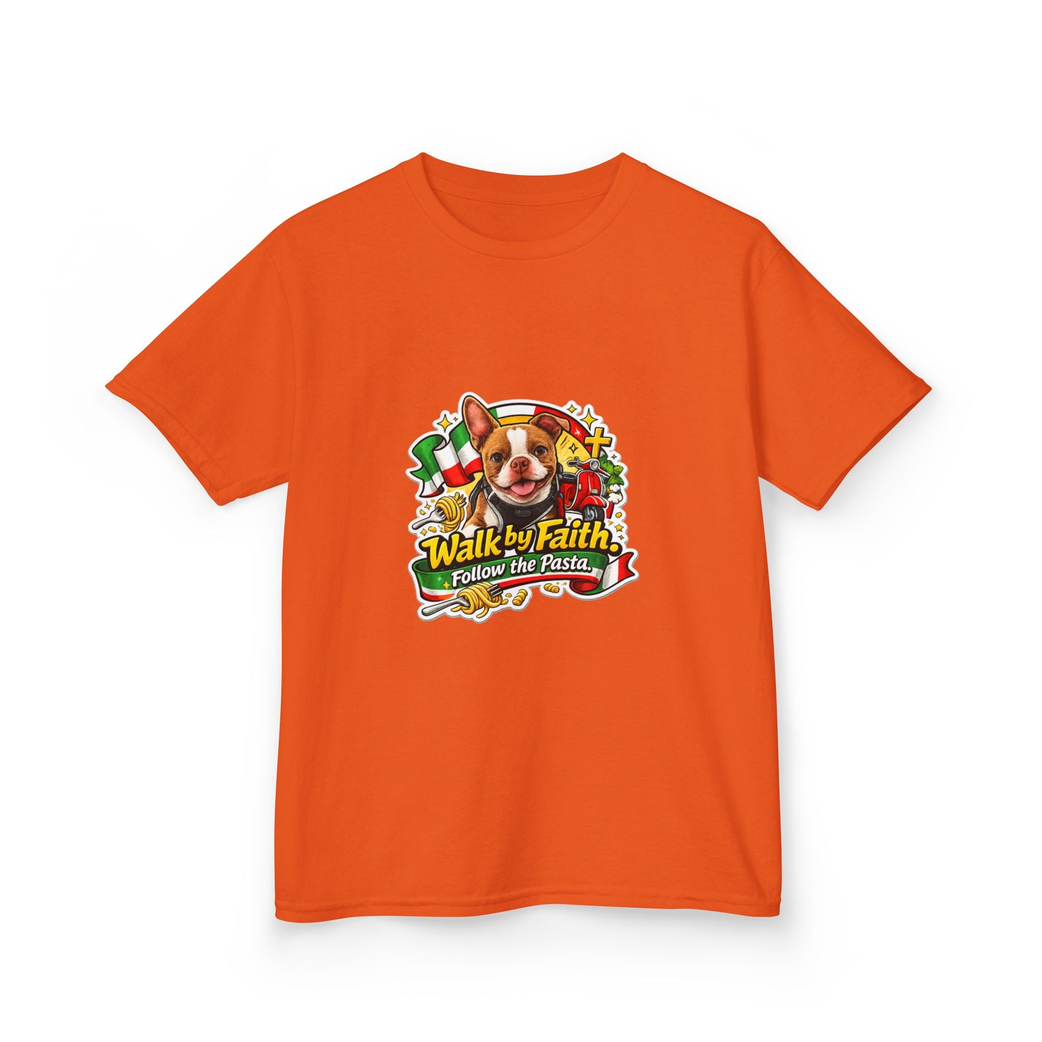 Kids T‑Shirt — “Walk by Faith, Follow the Pasta ” Cute Olli the Boston Terrier Faith Graphic