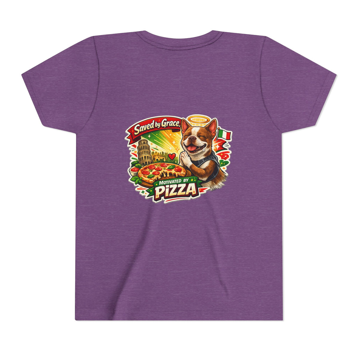 Kids' Pizza Olli the Boston Terrier Tee — "Saved by Grace" Funny Italian Pizza Youth Shirt