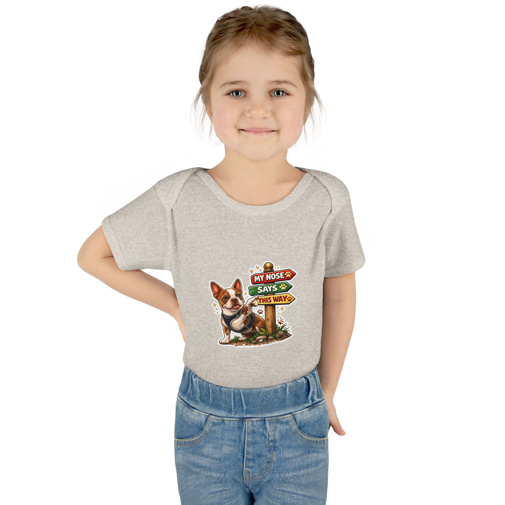 Infant Bodysuit — "My Nose Says This Way" Olli In Italy Boston Terrier Onesie (Front & Back Cute Dog Design)