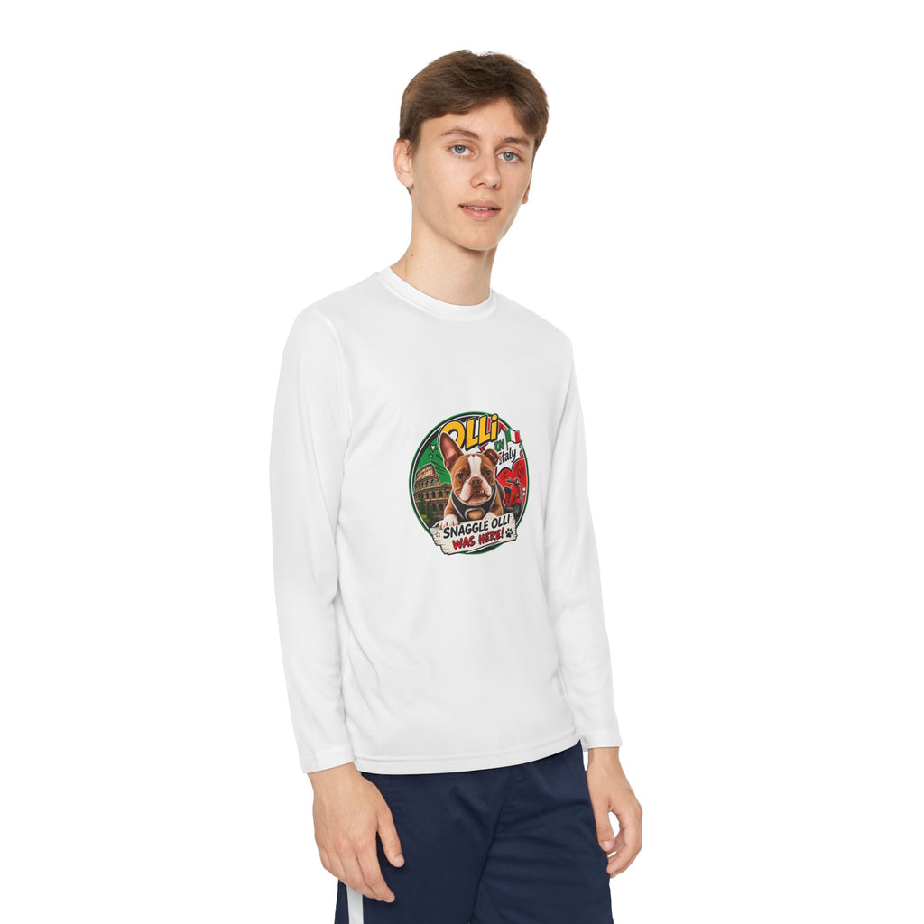 Olli the Boston Terrier in Italy Youth Long Sleeve Tee — "Olli" Surf Rescue Graphic