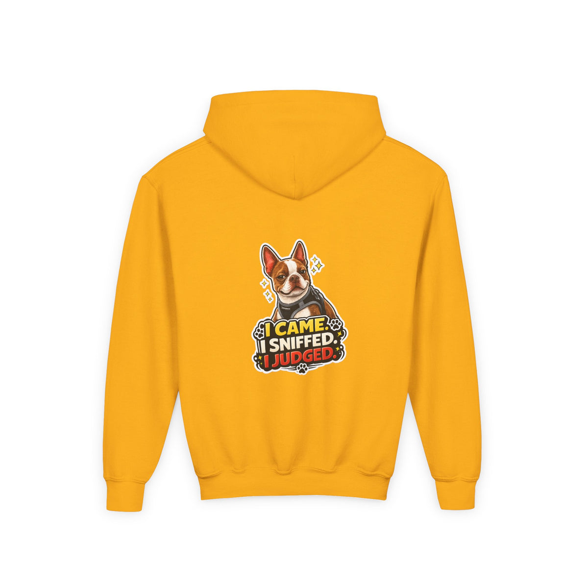 Youth Hoodie — Cute Olli the Boston Terrier ‘My Nose Says This Way’ / ‘I Came, I Sniffed, I Judged’