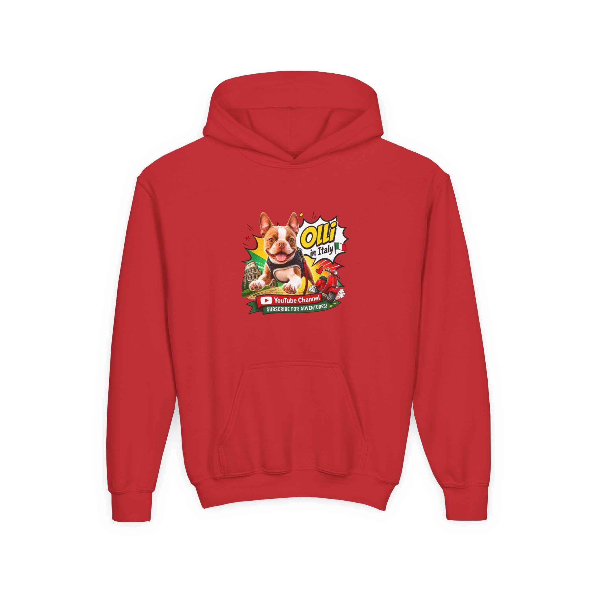Olli the Boston Terrier in Italy Hoodie — "My Nose Says This Way" Youth Pullover