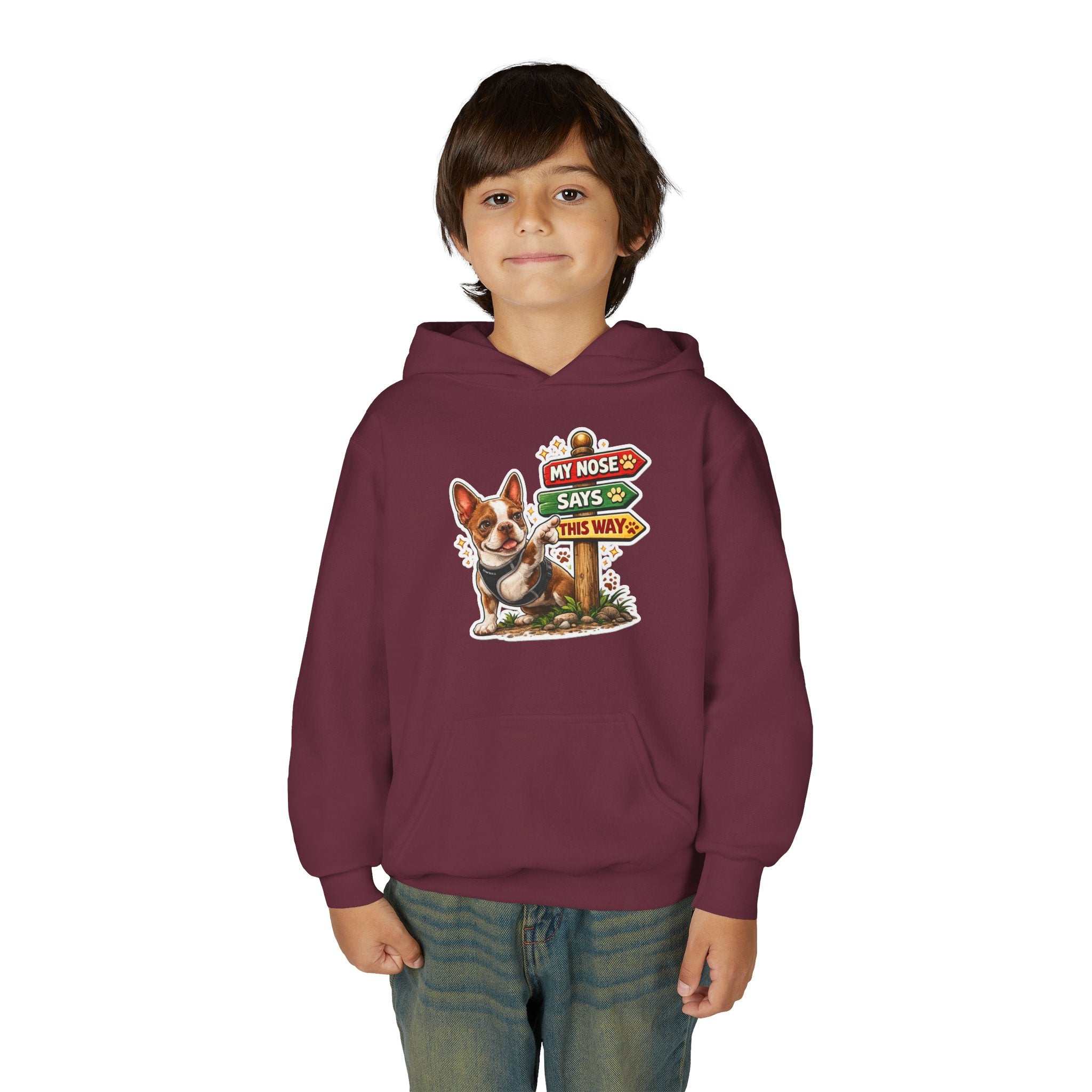 Youth Hoodie — Olli In Italy Boston Terrier Dog Design ‘My Nose Says This Way’ / ‘I Came, I Sniffed, I Judged’