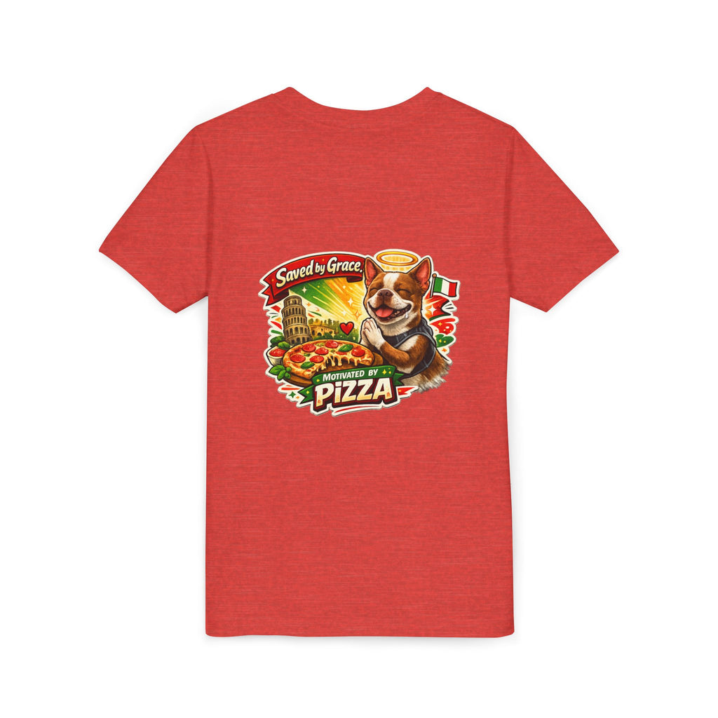 Kids' Pizza Olli the Boston Terrier Tee — "Saved by Grace" Funny Italian Pizza Youth Shirt