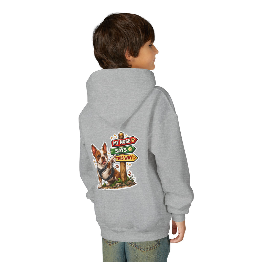 Olli the Boston Terrier in Italy Hoodie — "My Nose Says This Way" Youth Pullover