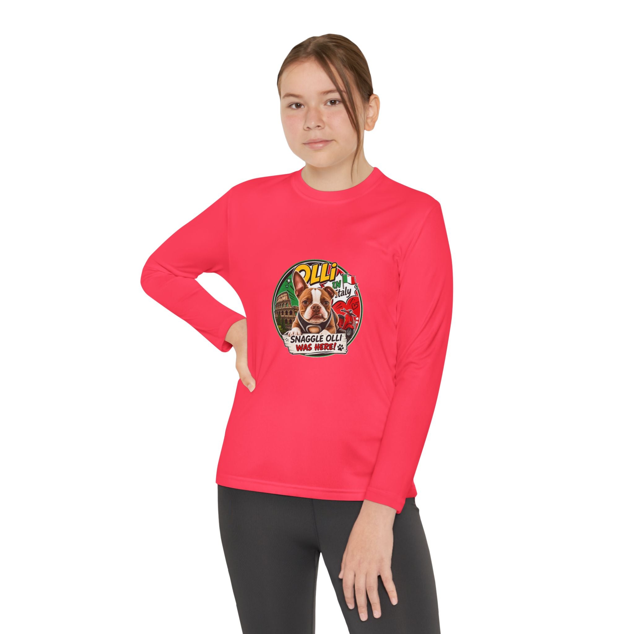Olli the Boston Terrier in Italy Youth Long Sleeve Tee — "Olli" Surf Rescue Graphic