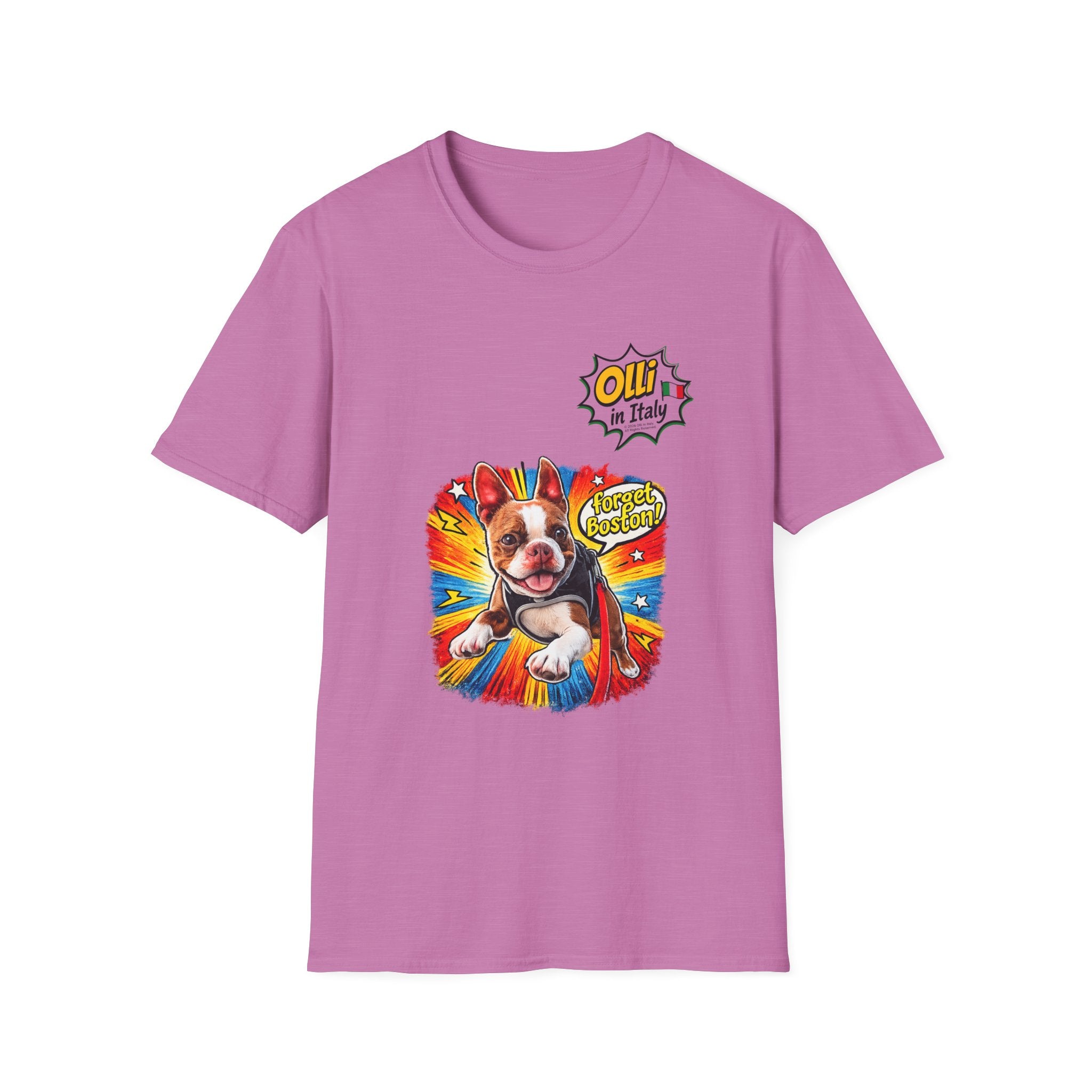 Olli in Italy "Forget Boston" Graphic T-Shirt — Colorful Dog Pop Art Tee