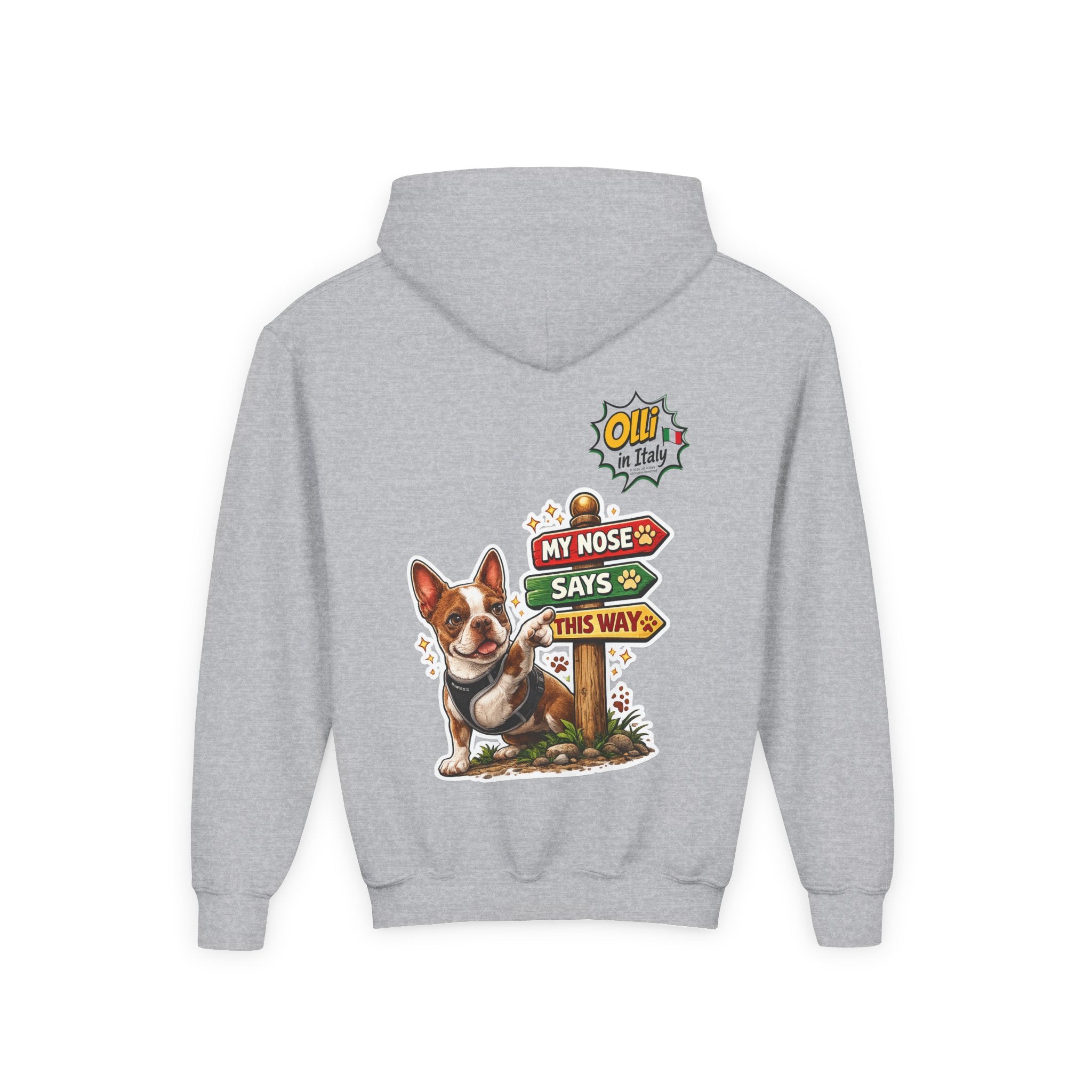 Olli the Boston Terrier Pizza Adventure Hoodie | My Nose Says This Way sweatshirt
