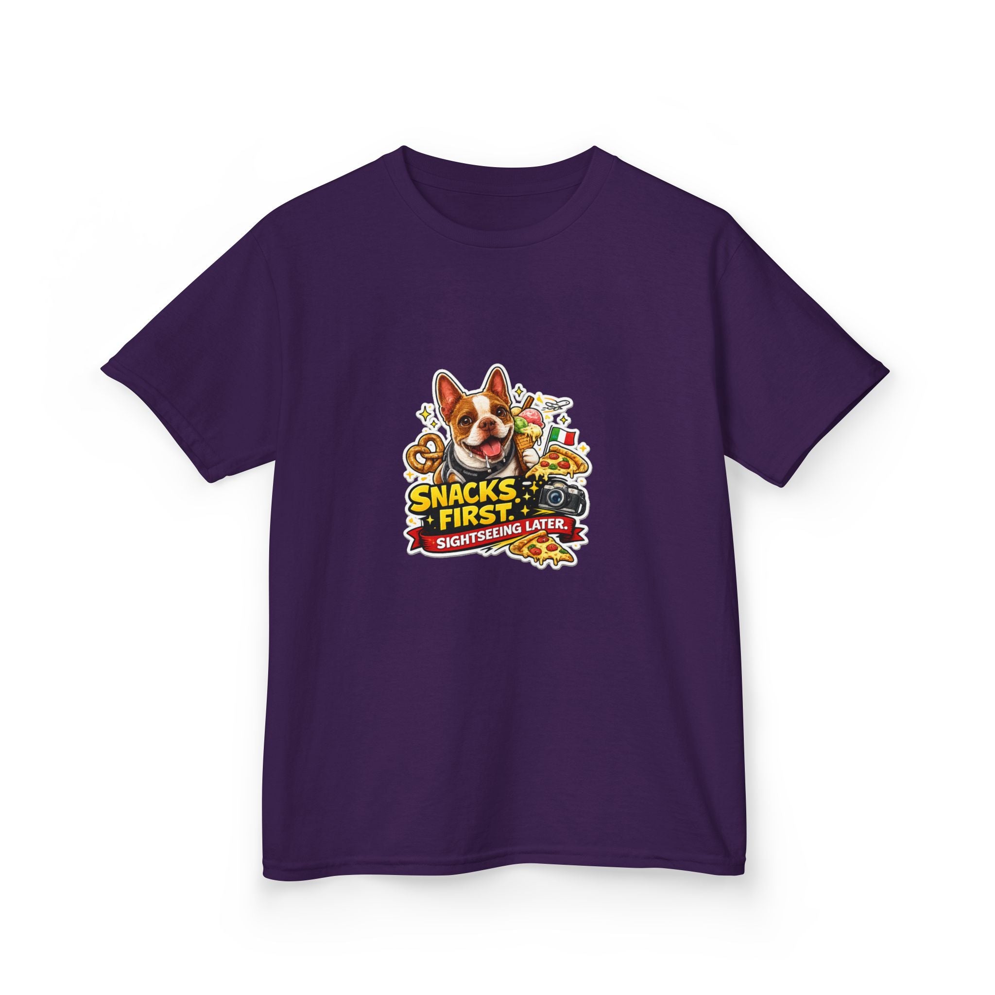 Kids T‑Shirt — "Snacks First" Funny Olli the Boston Terrier Graphic Tee for Children