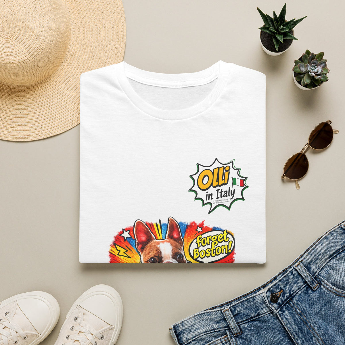 Olli in Italy "Forget Boston" Graphic T-Shirt — Colorful Dog Pop Art Tee