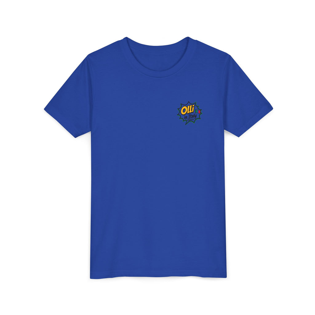Kids' Pizza Olli the Boston Terrier in Italy Tee — "Saved by Grace" Funny Italian Pizza Youth Shirt