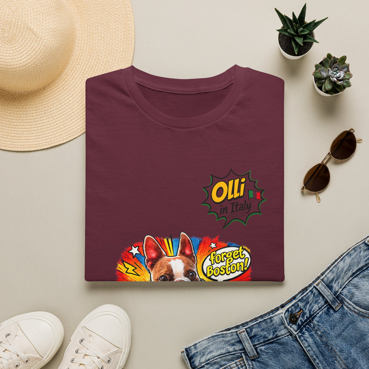 Olli in Italy "Forget Boston" Graphic T-Shirt — Colorful Dog Pop Art Tee