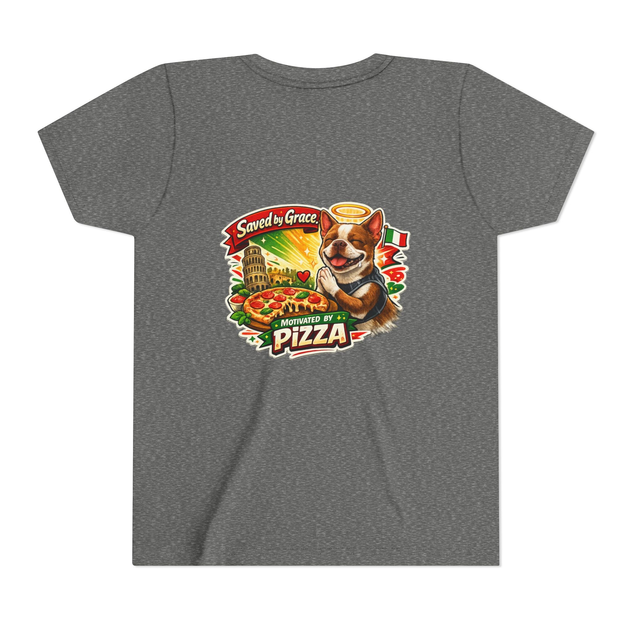 Kids' Pizza Olli the Boston Terrier Tee — "Saved by Grace" Funny Italian Pizza Youth Shirt