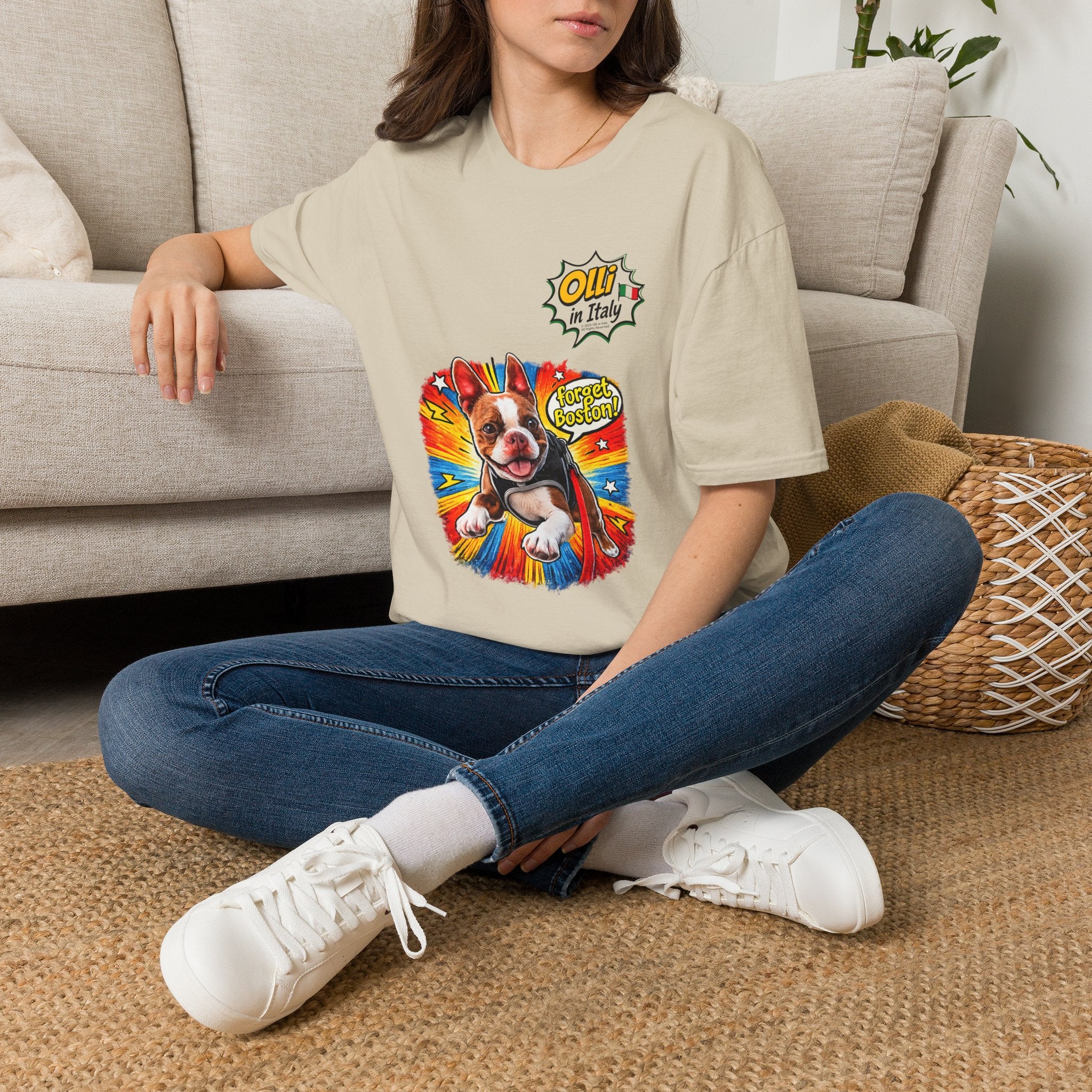Olli in Italy "Forget Boston" Graphic T-Shirt — Colorful Dog Pop Art Tee