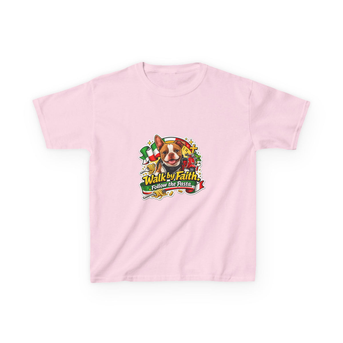Kids T‑Shirt — “Walk by Faith, Follow the Pasta ” Cute Olli the Boston Terrier Faith Graphic