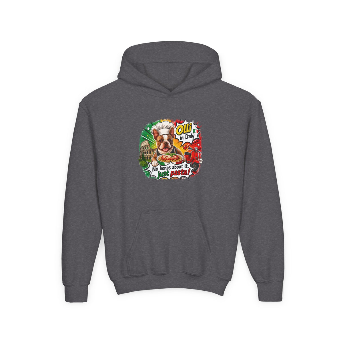 Youth Hoodie — "Olli from Italy" Boston Terrier Christmas Holiday Sweatshirt