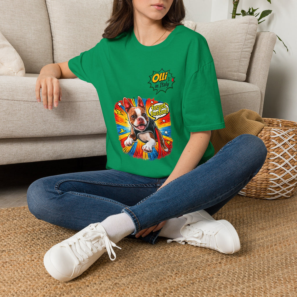 Olli in Italy "Forget Boston" Graphic T-Shirt — Colorful Dog Pop Art Tee
