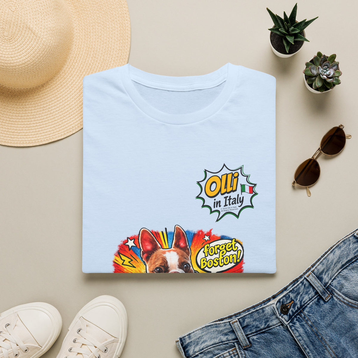 Olli in Italy "Forget Boston" Graphic T-Shirt — Colorful Dog Pop Art Tee