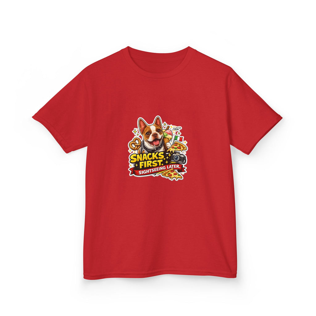 Kids T‑Shirt — "Snacks First" Funny Olli the Boston Terrier Graphic Tee for Children