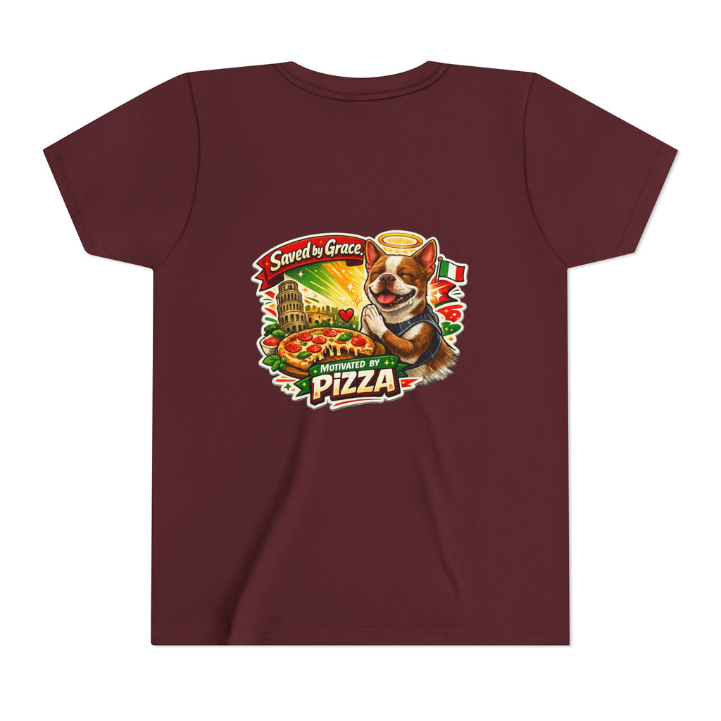 Kids' Pizza Olli the Boston Terrier Tee — "Saved by Grace" Funny Italian Pizza Youth Shirt
