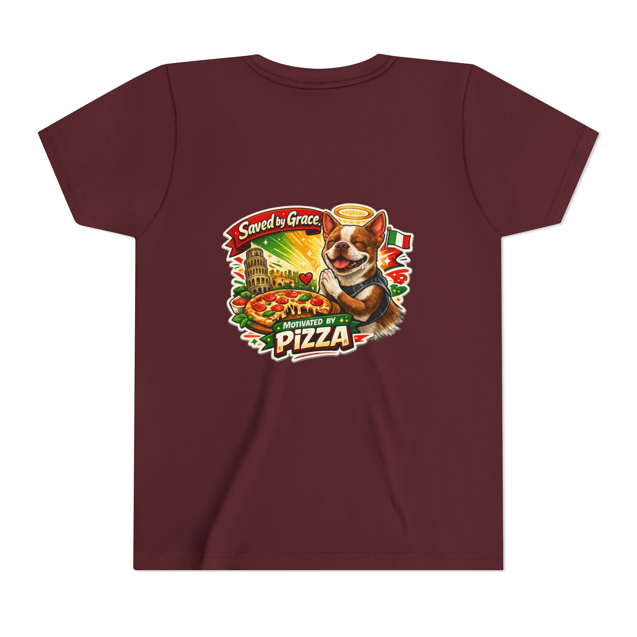 Kids' Pizza Olli the Boston Terrier Tee — "Saved by Grace" Funny Italian Pizza Youth Shirt