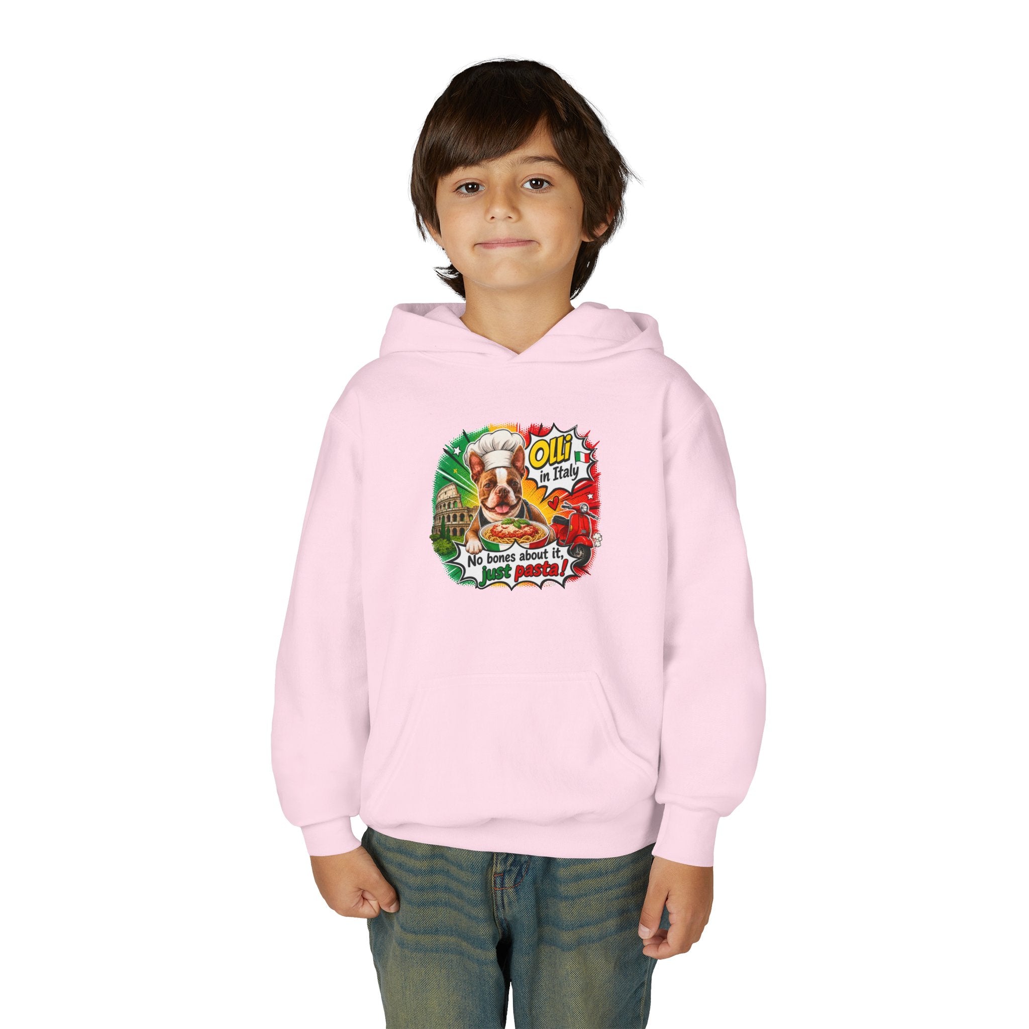 Youth Hoodie — "Olli from Italy" Boston Terrier Christmas Holiday Sweatshirt