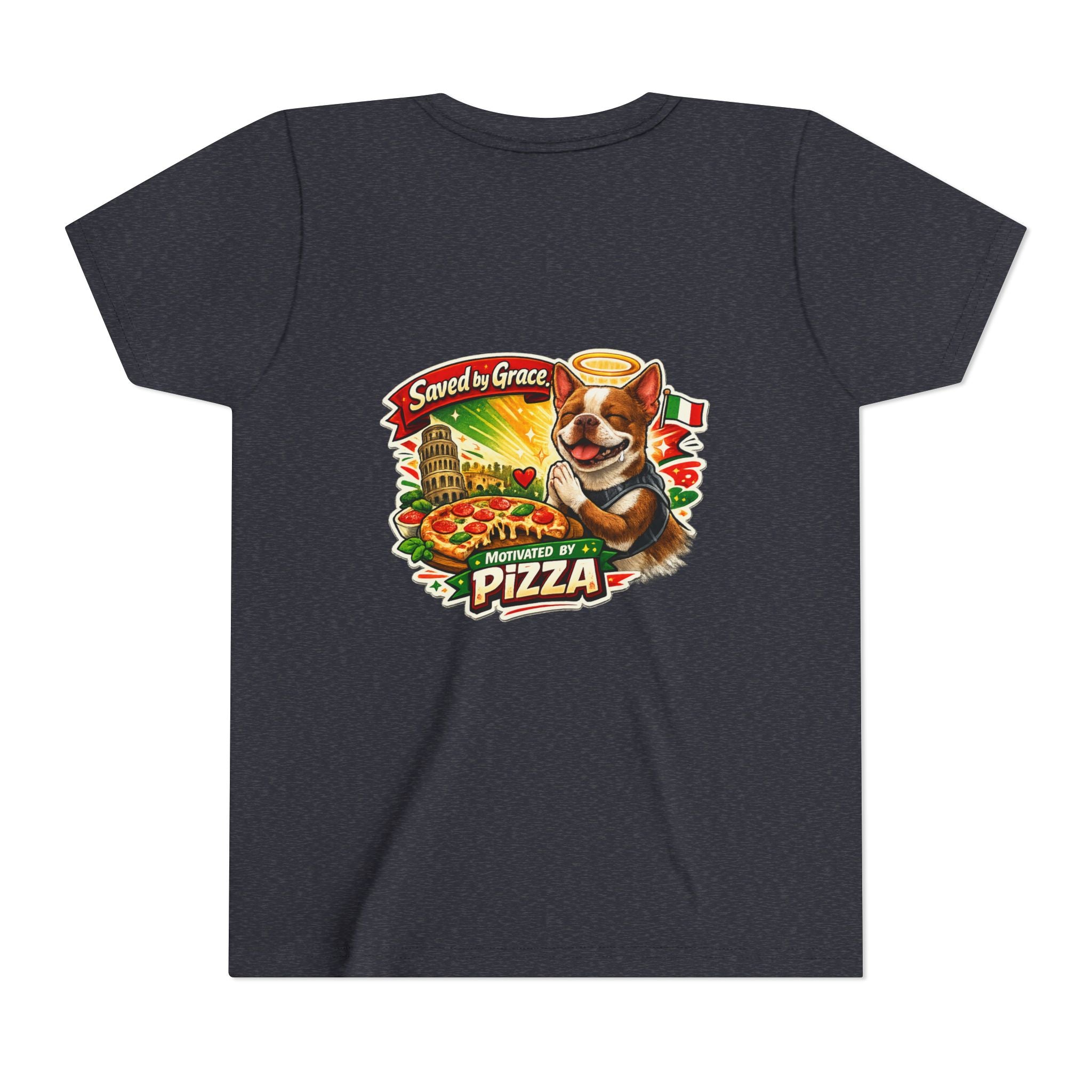 Kids' Pizza Olli the Boston Terrier Tee — "Saved by Grace" Funny Italian Pizza Youth Shirt
