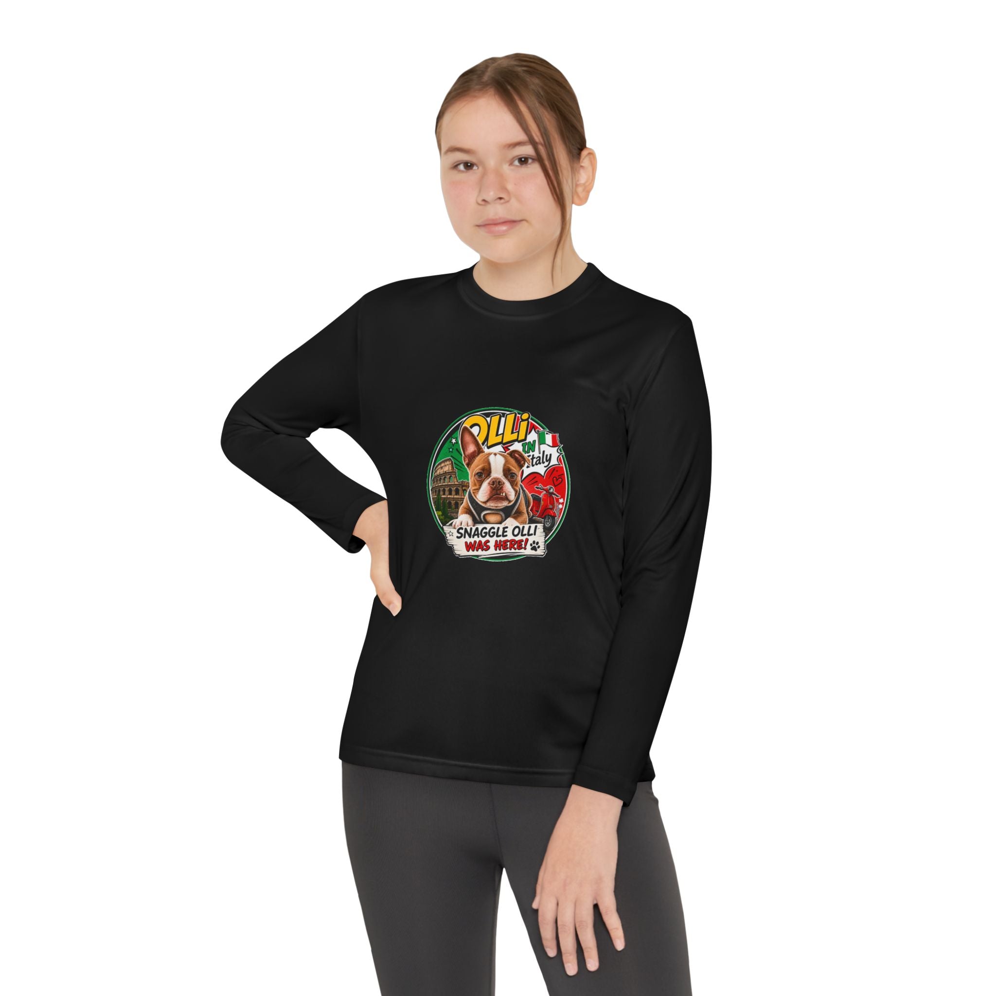 Olli the Boston Terrier in Italy Youth Long Sleeve Tee — "Olli" Surf Rescue Graphic