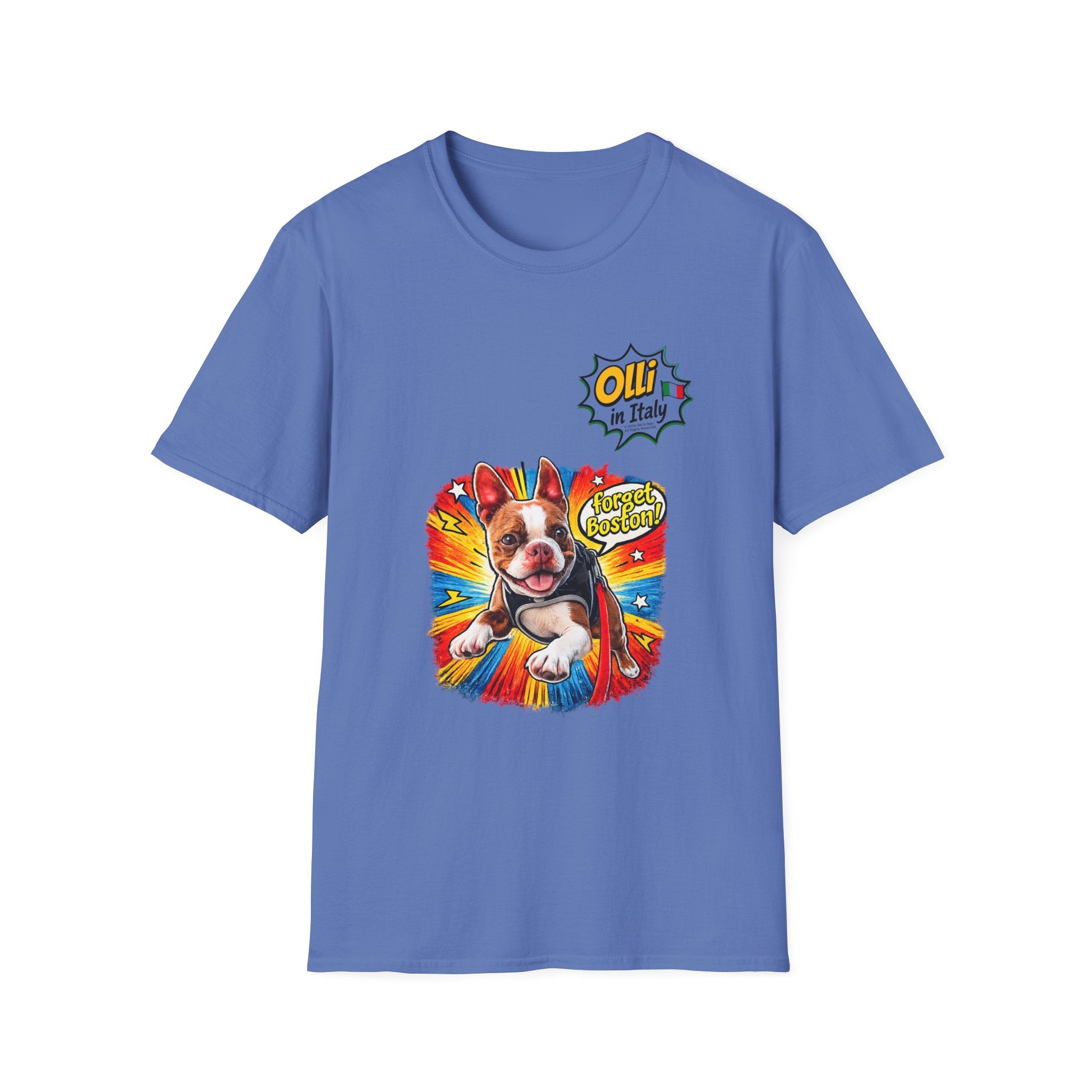 Olli in Italy "Forget Boston" Graphic T-Shirt — Colorful Dog Pop Art Tee