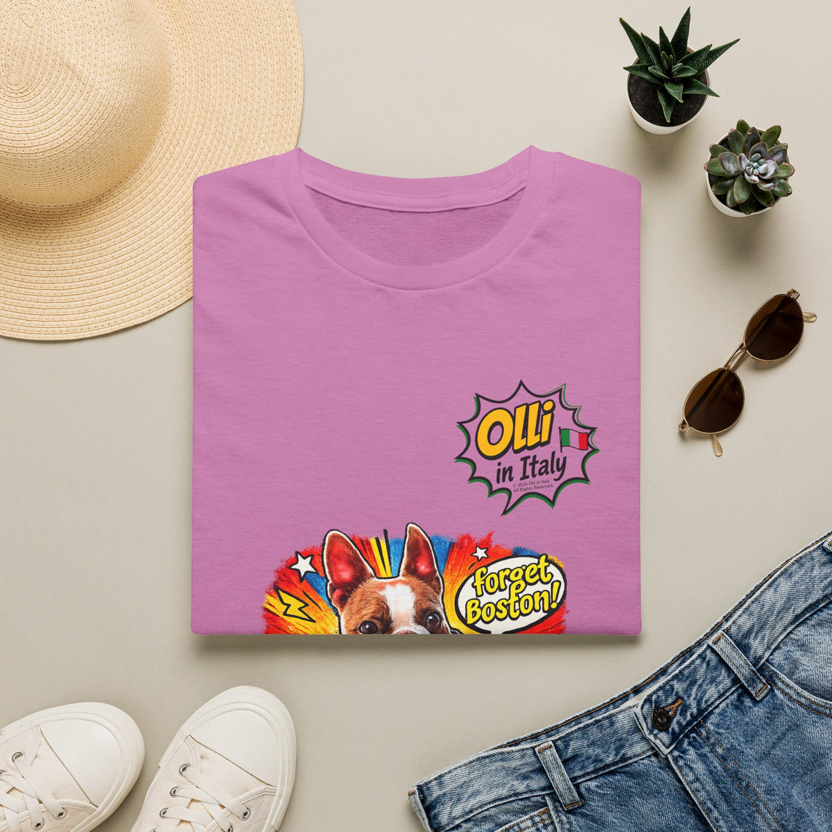 Olli in Italy "Forget Boston" Graphic T-Shirt — Colorful Dog Pop Art Tee