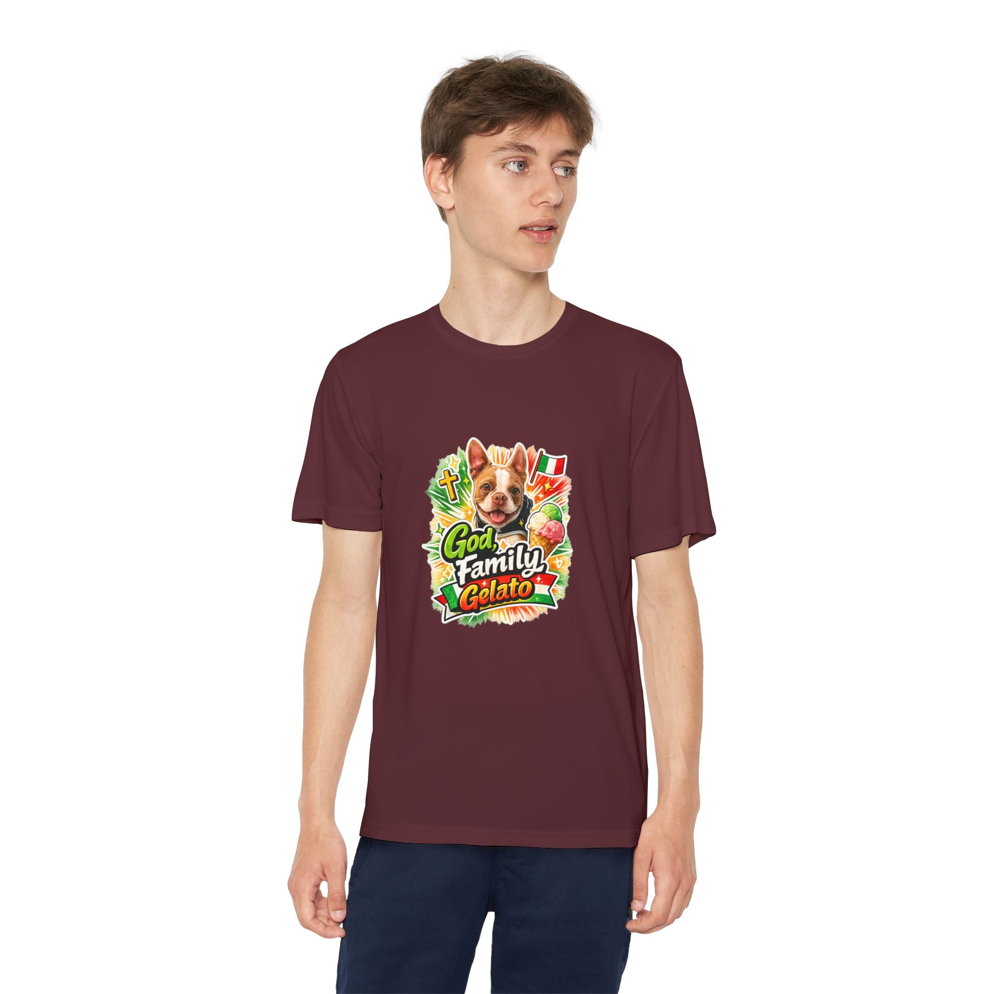 Youth Graphic Tee — 'God, Family, Gelato' Olli In Italy Boston Terrier Dog