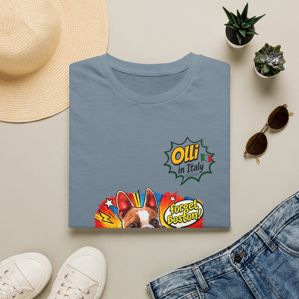 Olli in Italy "Forget Boston" Graphic T-Shirt — Colorful Dog Pop Art Tee