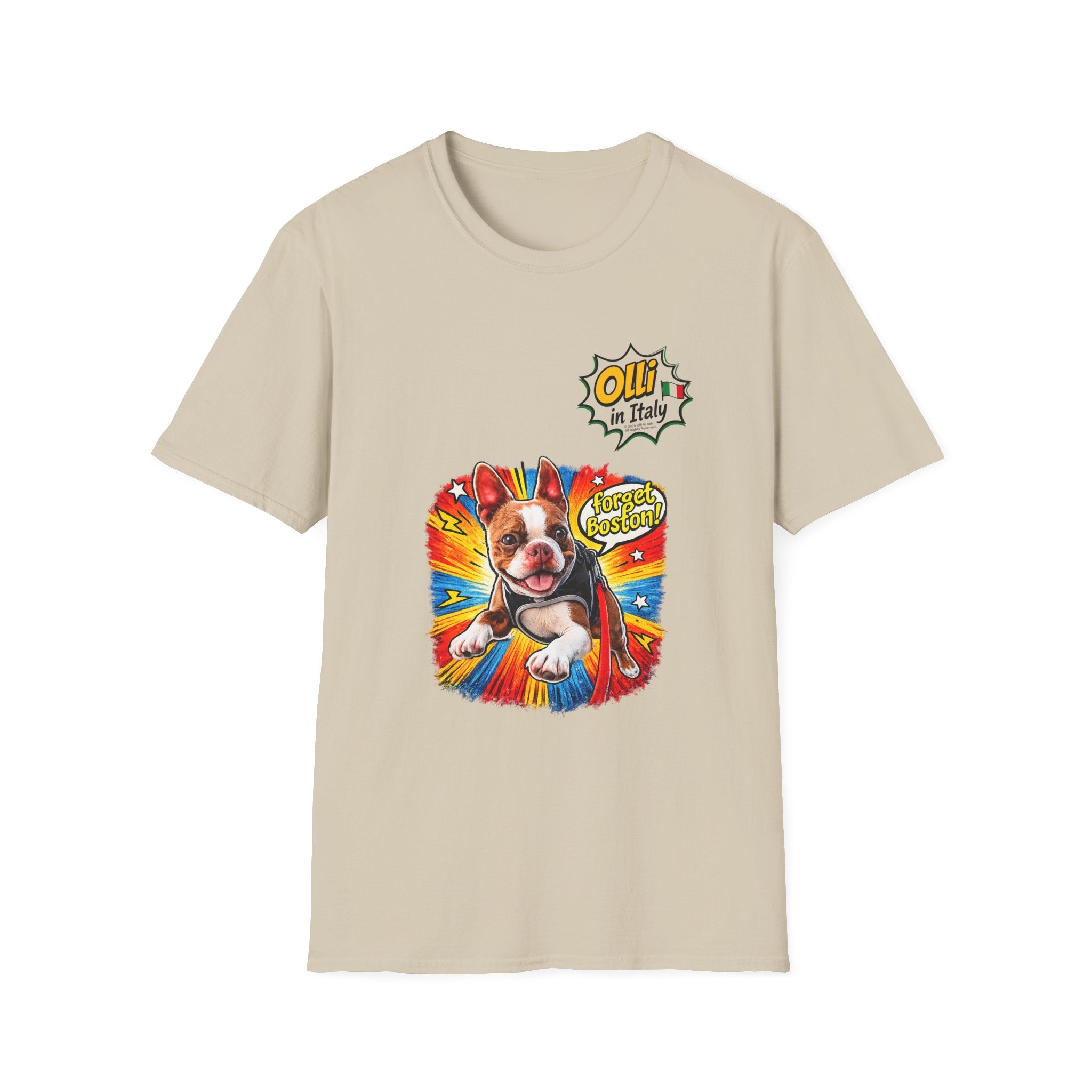 Olli in Italy "Forget Boston" Graphic T-Shirt — Colorful Dog Pop Art Tee