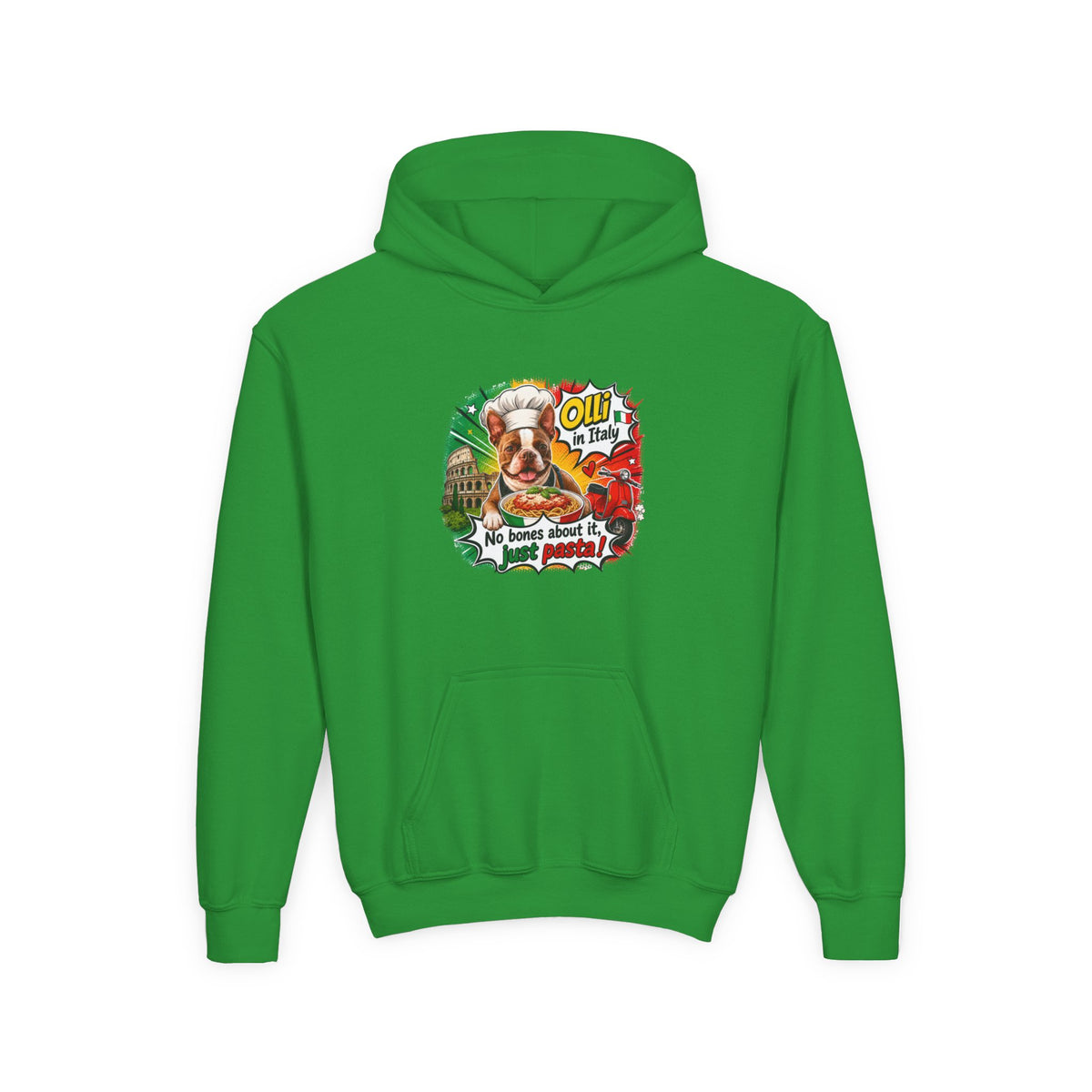 Youth Hoodie — "Olli from Italy" Boston Terrier Christmas Holiday Sweatshirt