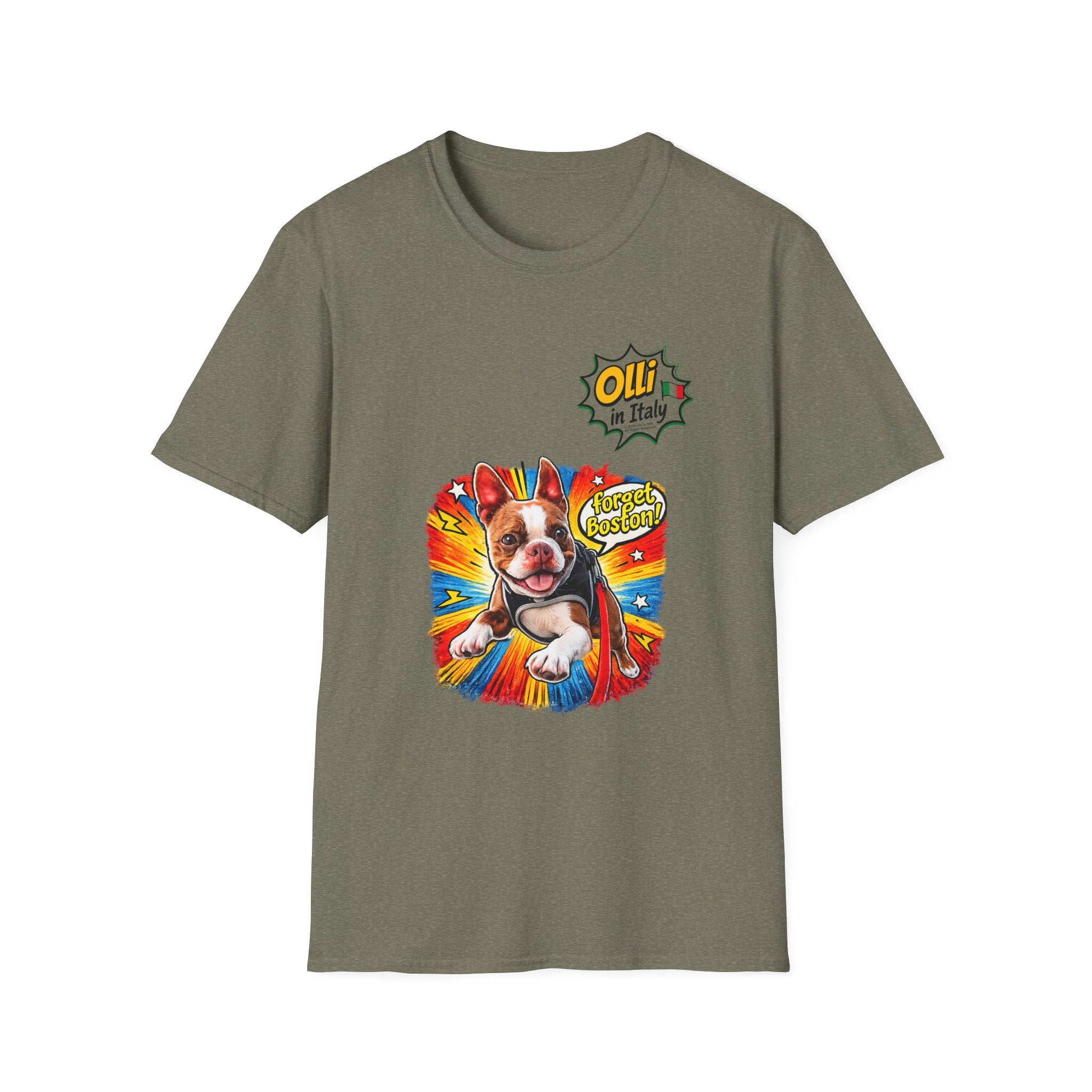 Olli in Italy "Forget Boston" Graphic T-Shirt — Colorful Dog Pop Art Tee