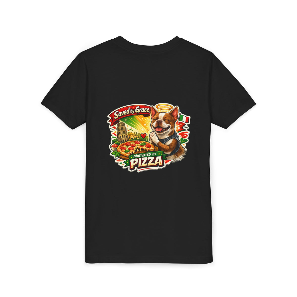 Kids' Pizza Olli the Boston Terrier Tee — "Saved by Grace" Funny Italian Pizza Youth Shirt