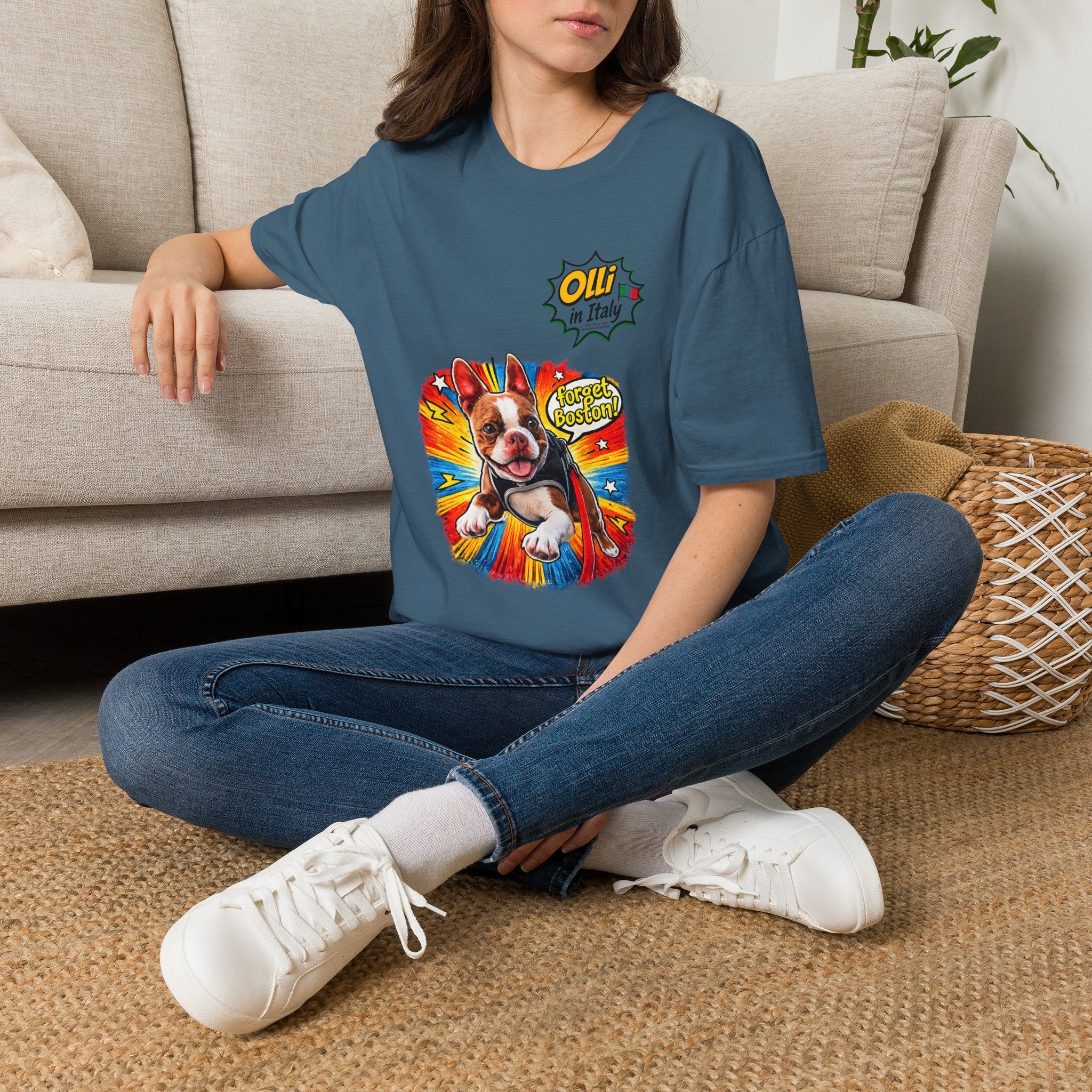 Olli in Italy "Forget Boston" Graphic T-Shirt — Colorful Dog Pop Art Tee