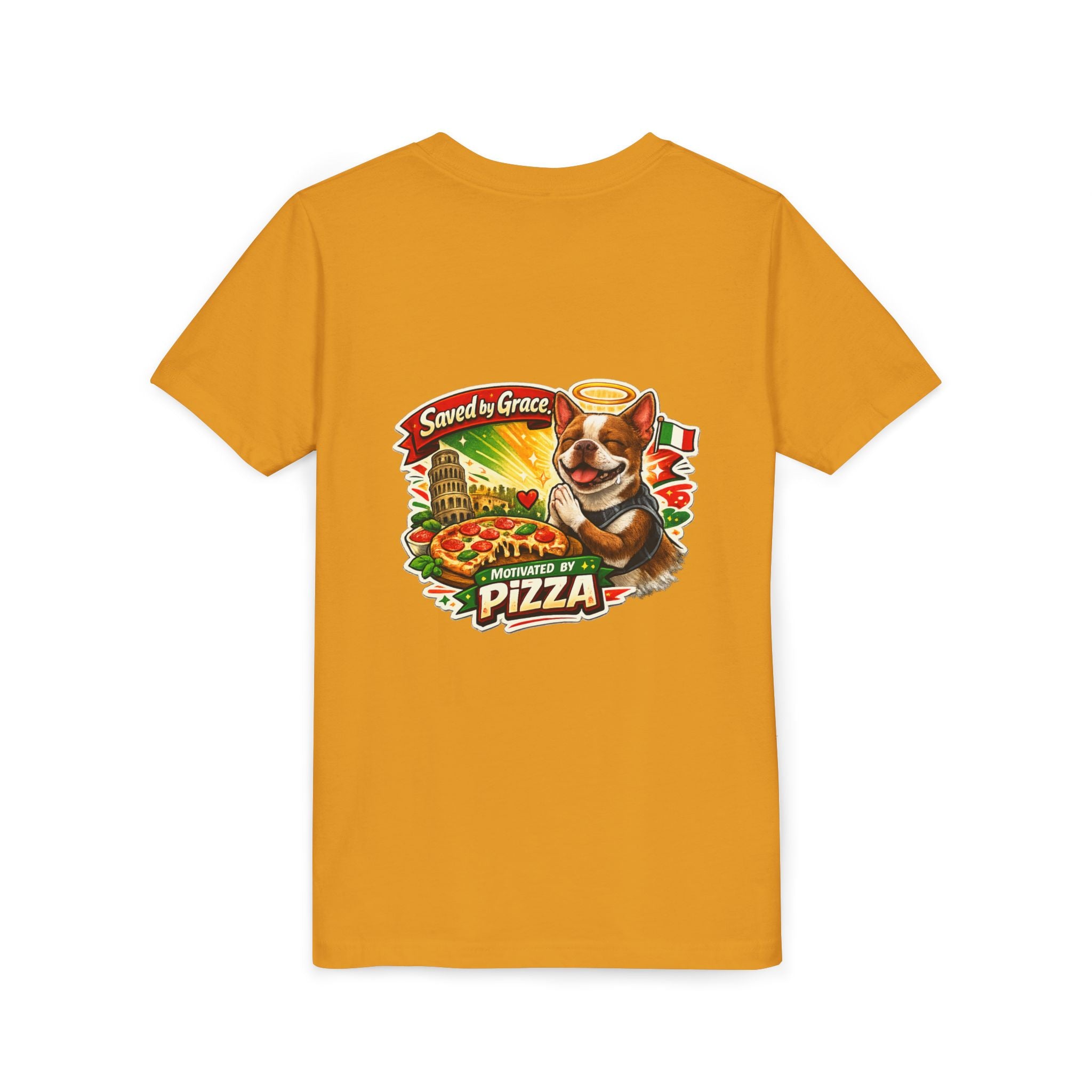 Kids' Pizza Olli the Boston Terrier Tee — "Saved by Grace" Funny Italian Pizza Youth Shirt