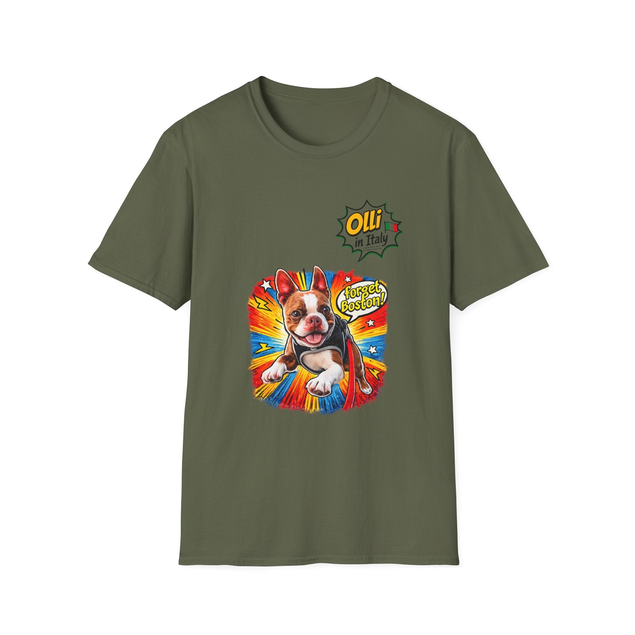 Olli in Italy "Forget Boston" Graphic T-Shirt — Colorful Dog Pop Art Tee