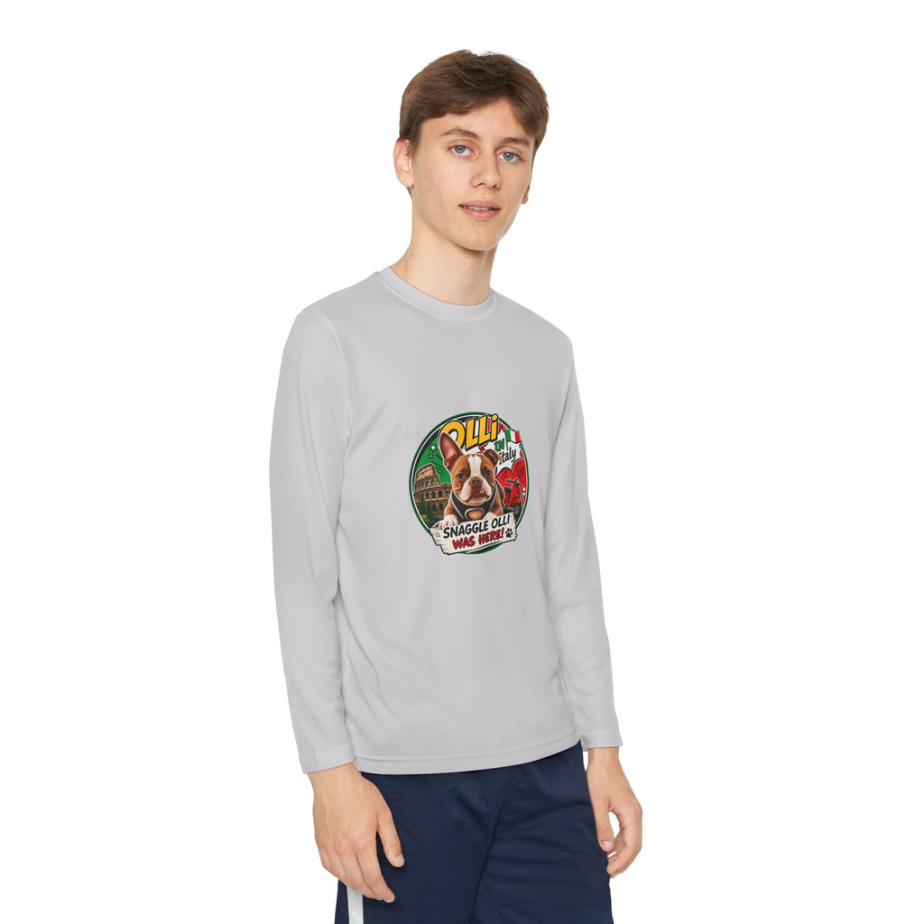 Olli the Boston Terrier in Italy Youth Long Sleeve Tee — "Olli" Surf Rescue Graphic