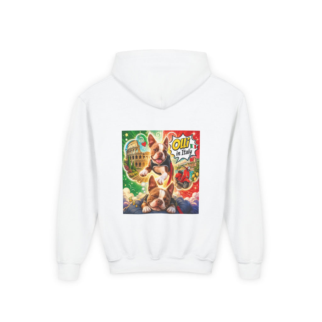 Youth Hoodie — "Olli in Italy" Boston Terrier Sweatshirt