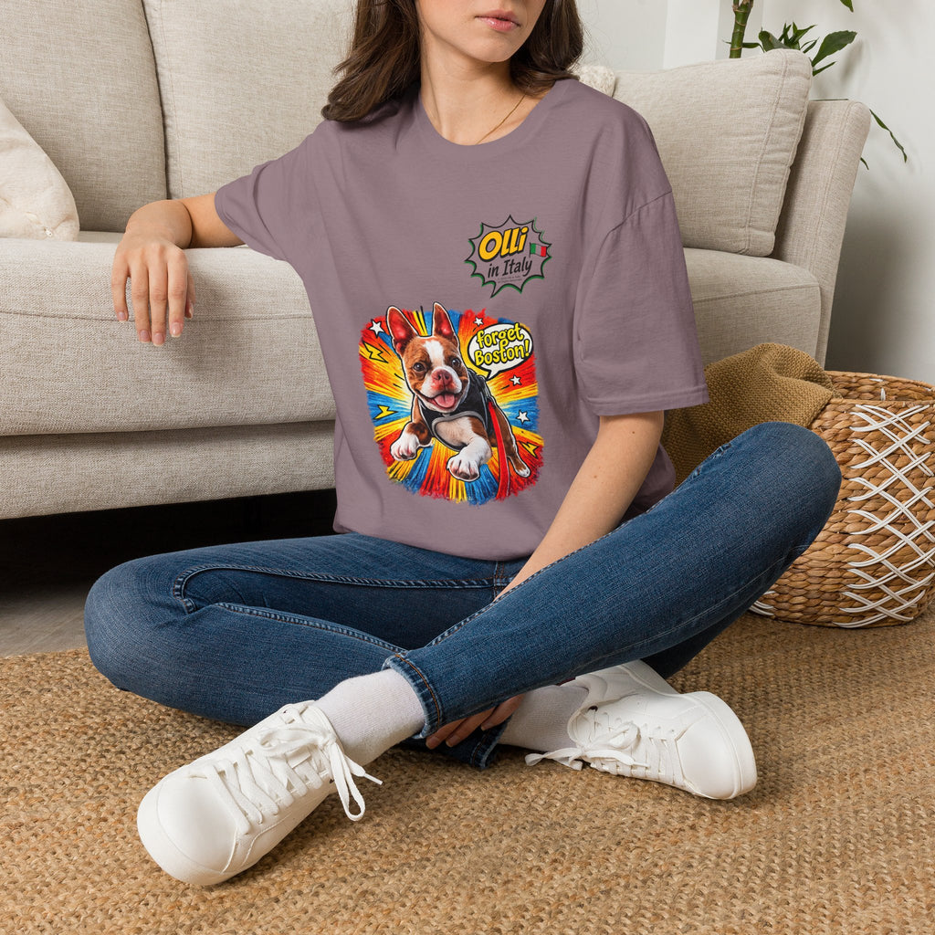 Olli in Italy "Forget Boston" Graphic T-Shirt — Colorful Dog Pop Art Tee